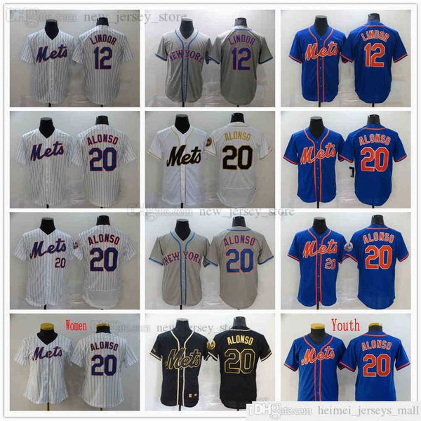 

2021 news baseball 20 pete alonso jerseys stitched 12 francisco lindor gray road white home royal alternate away third mens women youth kids, Black