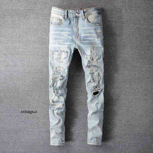 

amirs mens jeans amirs new us casual hip hop high street worn out and worn washed splash ink color painting slim fit jeans men's #808 g, Blue