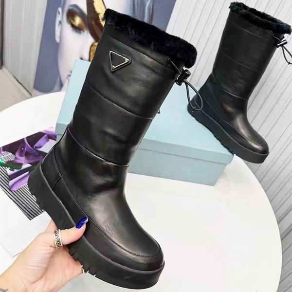 

2023new autumn/winter genuine leather wool boots flats laces chelsea martin booties heavy duty luxury designer brand women's boots 35--, Black