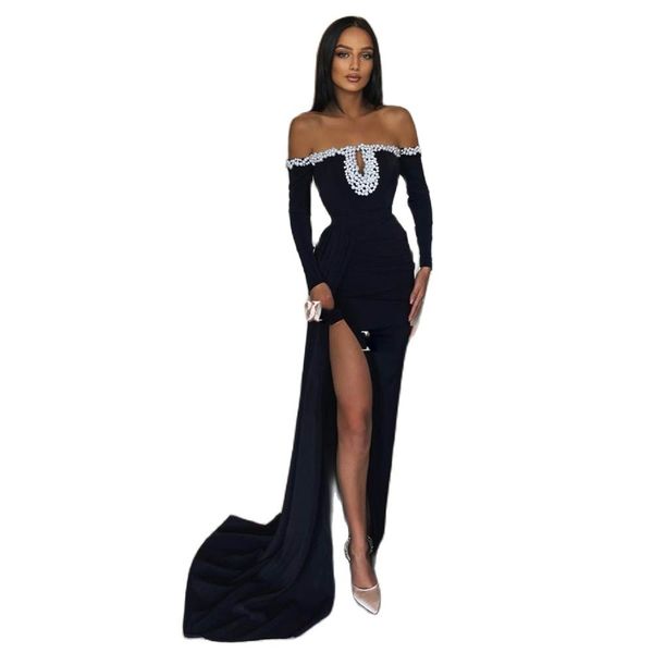 

elegant black mermaid evening dresses off shoulder side slit beaded elastic satin prom gowns arabia beach party, Black;red