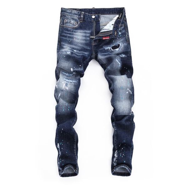 

men's jeans european denim hombre letter star men's embroidery stitching ripped holes ripped trend brand motorcycle pants thin d2-, Blue