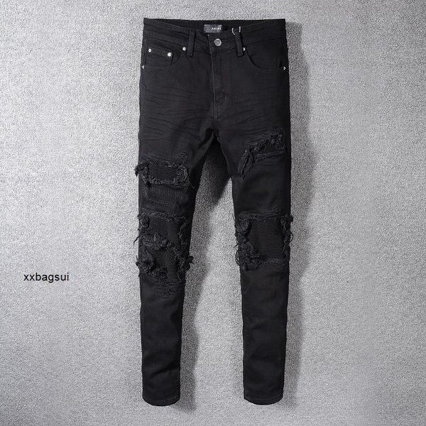 

amirs black jeans men's hole patch scrape high street fashion brand beggar pants elastic slim leggings tov, Blue