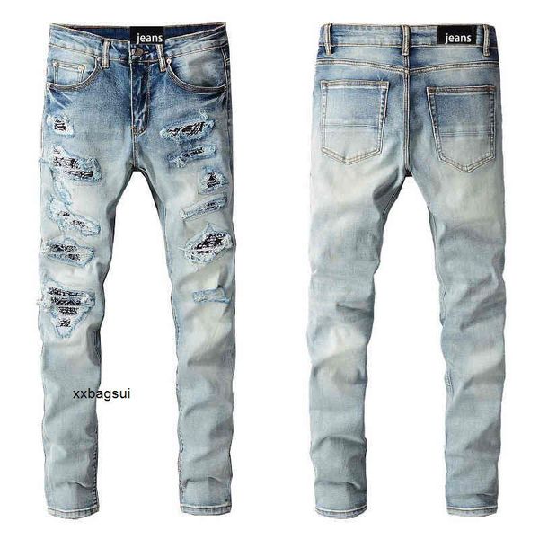 

amirs mens jeans amirs trend street fashion men's knee hole patch jeans slim fit leggings 677 wil, Blue