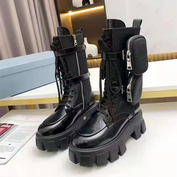 

monolith white leather nylon pouch ankle combat boots platform wedges lace-up round toe block heels flat booties chunky luxury designer for, Black