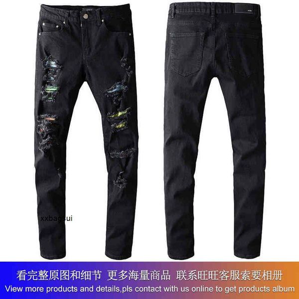 

amirs mens jeans amirs new us casual hip hop high street worn-out wash splash ink color painting slim fitting jeans man #648, Blue