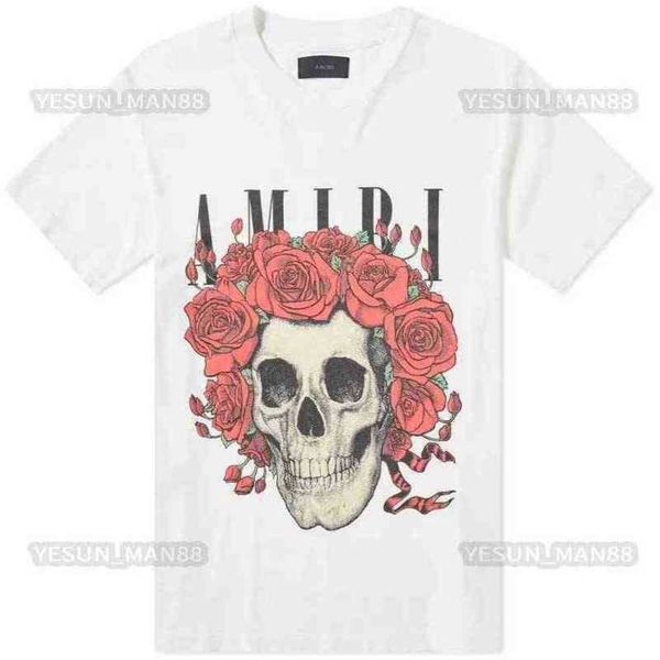 

designer european american fashion brand mens and womens skull rose printed round neck pullover t shirt summer high street tees, White;black