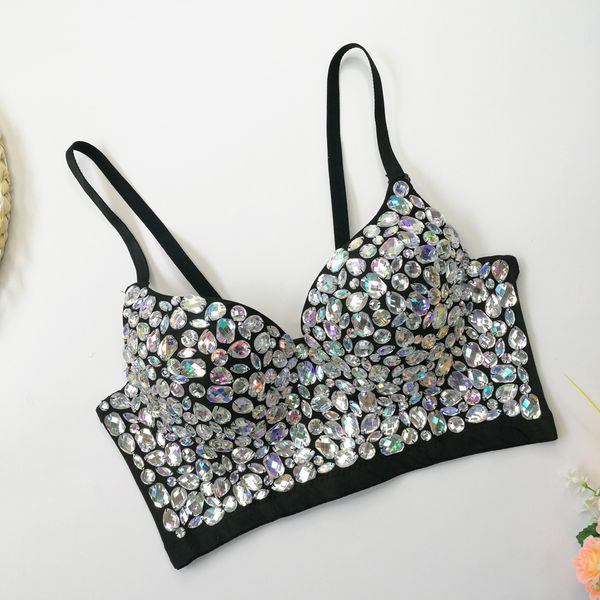 

v deep chest-wrapped bra with rhinestone ab colored diamond careful machine spice girl vest stage performance/bar suspender top, Red;black