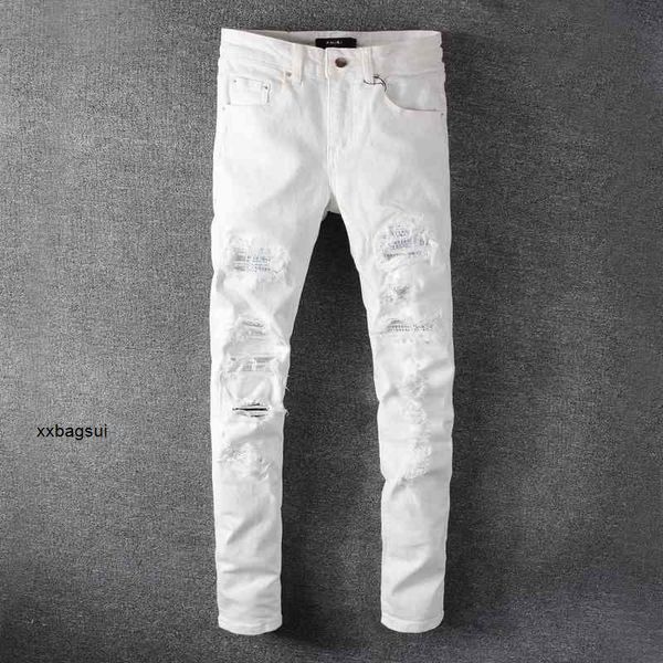 

amirs mens jeans designer high street fashion spring new amirs white diamond hole patch jeans men's elastic leggings 625 hip hop zwo, Blue