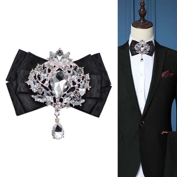 

bow ties handmade fabric bow tie brooches crystal rhinone shirt netie men's wedding brooch poet towel square set accessories l221022, Black;gray