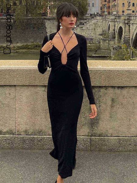 

cryptographic long sleeve see through halter maxi dress for women elegant outfits club party backless dresses clothes, Black