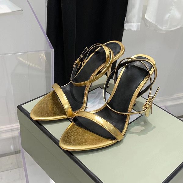 

latest fashion metallic feeling high heel sandals women luxurious gold lock decorate high heels summer roses red sandal ankle strap dress sh, Black