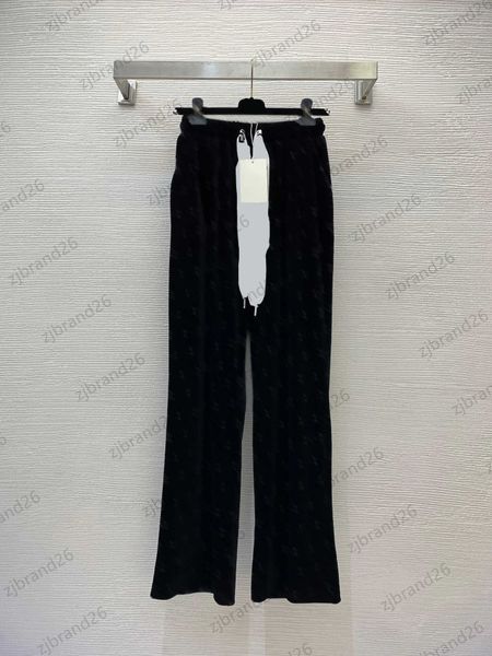 

brand womens pants velvet fabric logo printing loose straight wide leg elastic waist lace-up casual trouser simple designer women clothes, Black;white