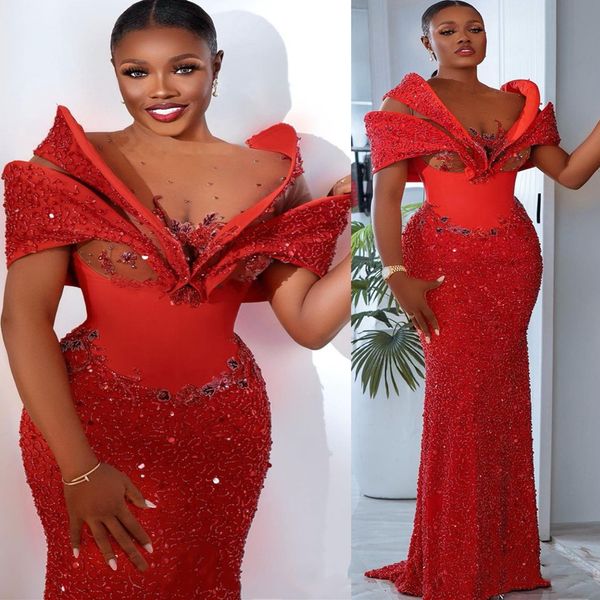 

2022 arabic aso ebi red mermaid prom dresses beaded crystals evening formal party second reception birthday engagement gowns dress zj205, Black