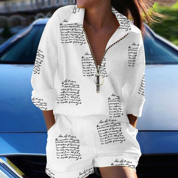 

women's two piece pants zipper women's set tracksuit suit sportswear women long sleeve t-shirt shorts female 2022 summer casual ou, White