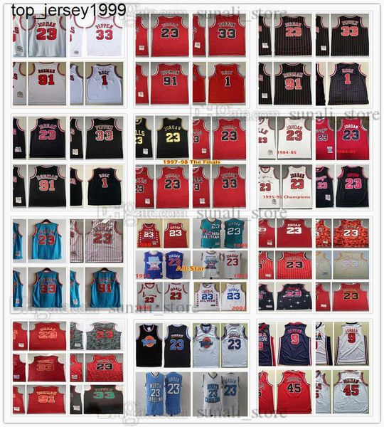 

retro men mitchell ness dennis 91 rodman jerseys basketball scottie 33 pippen derrick 1 rose 23 michael 1984-85 1995-96 1996-97 the finals, Black;red