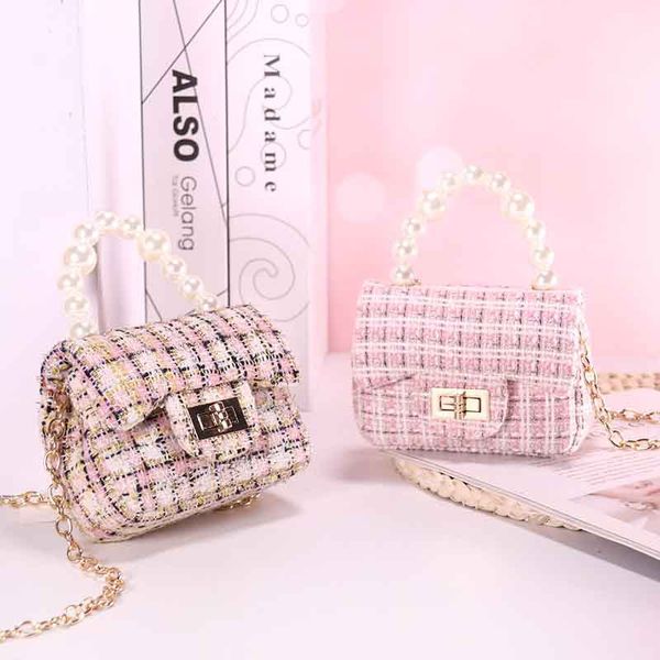

fashion children plaid cotton linen handbag girls pearl chain single shoulder bag ins kids messenger square bags a9190, Black