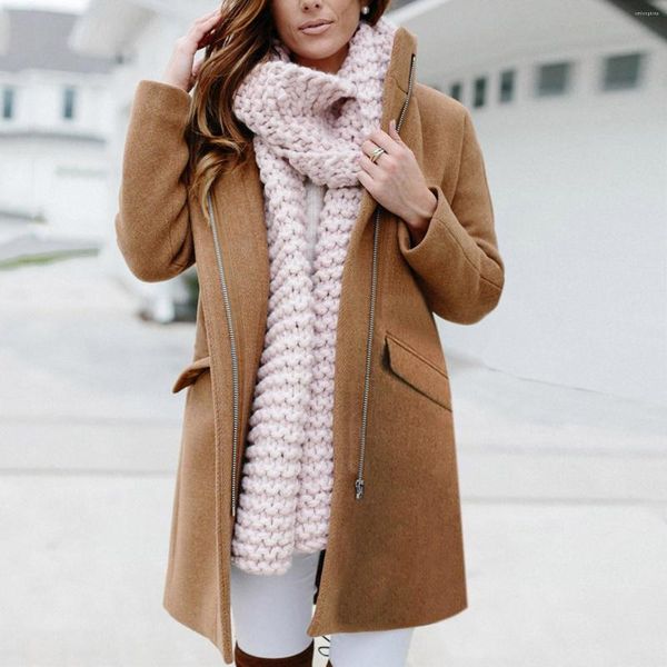 

women's wool woman casual camel loose pocket woolen coat 2022 fashion ladies autumn long sleeve thick zipper female outwear #t3g, Black