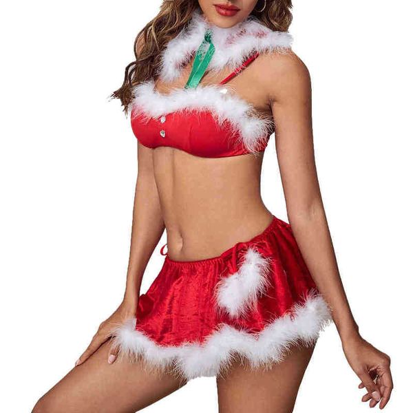 

stage wear womens christmas lingerie set feather trimming three-piece club roleplay outfit sleepwear bra mini skirt lace-up hooded capelet t, Black;red