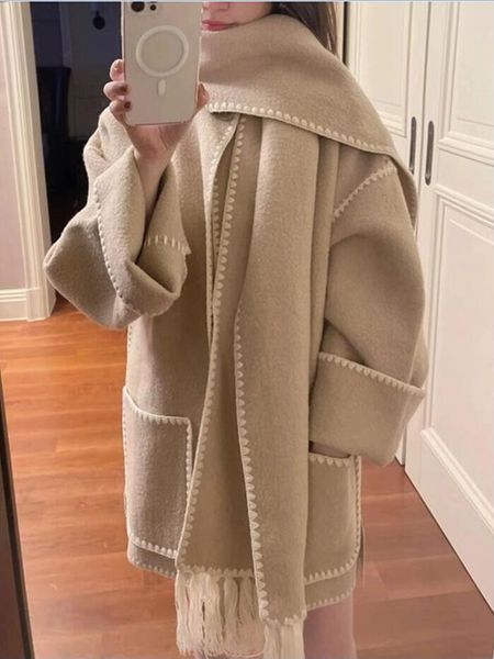 

23fw tot-em single-breasted tassel scarf wool coat grey colors; grey and apricot black, Black;brown