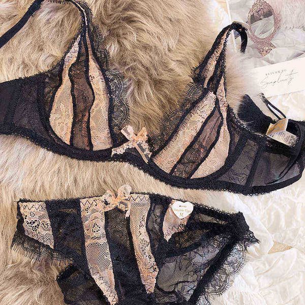 

bras sets lace no steel ring lingerie triangle cup stripe contrast color bralette ultra-thin perspective bra set deep v underwear set t22090, Red;black