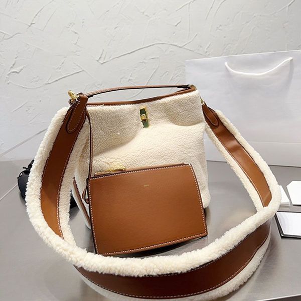 

women's bucket tote bag plush shoulder bags girl shopper purse fashion luxury letters printing large capacity fluffy faux fur handbags