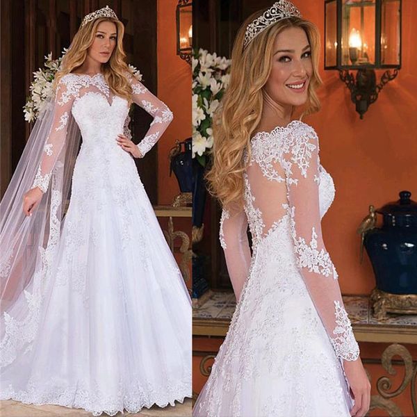 

vintage a-line wedding dresses long sleeves lace appliques white ivory robe de mariee illusion elegant bridal gowns bride wear chapel garden
