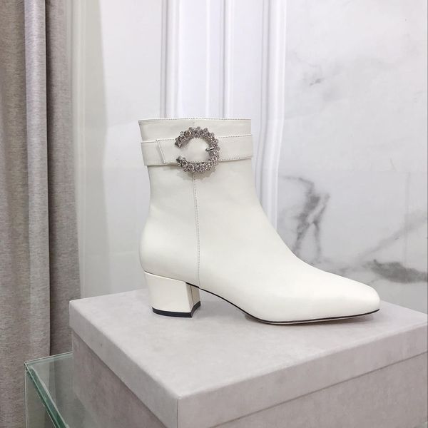 

2022 the new crystal buckle short boots head thick side zipper wild leather, Black