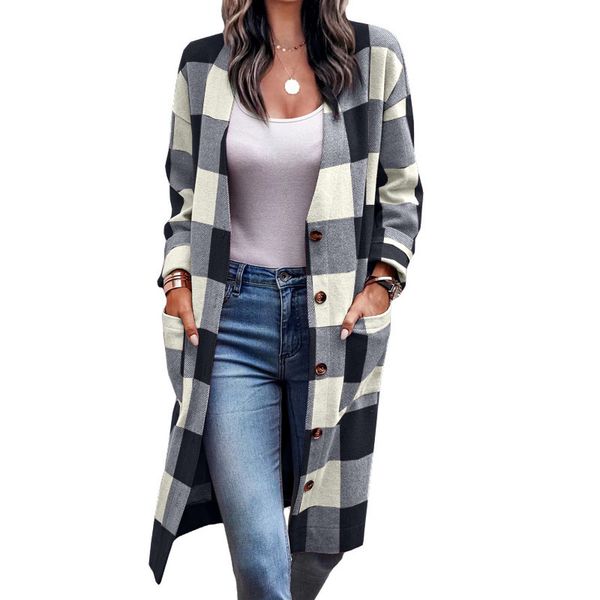 

women trench coats jacket loose long sleeve button down plaid print long shirt cardigan coat casual outwear, Tan;black