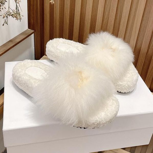 

Designer long wool fuzzy slippers new soft comfortable autumn winter thick-soled lamb slipper lady casual non-slip fairy wear thick sole Cotton slippers, Brown