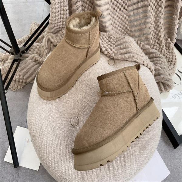 

winter ultra mini platform boot designer ankle snow fur boot brown australia warm booties for woman real leather eu35-42, Black