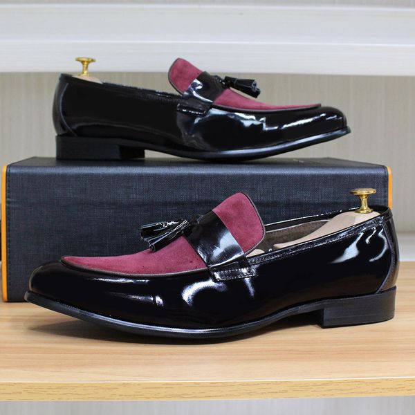 

luxury men's loafers patent genuine leather with suede slip on men dress shoes handmade party wedding formal footwear for me, Black