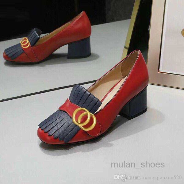 

fashion boat shoe designer dress shoes high heels women party shoe classic mid heeled womens leather thick heel round head metal button tass, Black