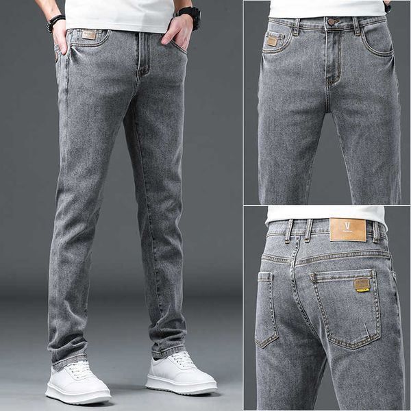 

men's jeans autumn new straight slim casual stretch feet trendy pants, Blue