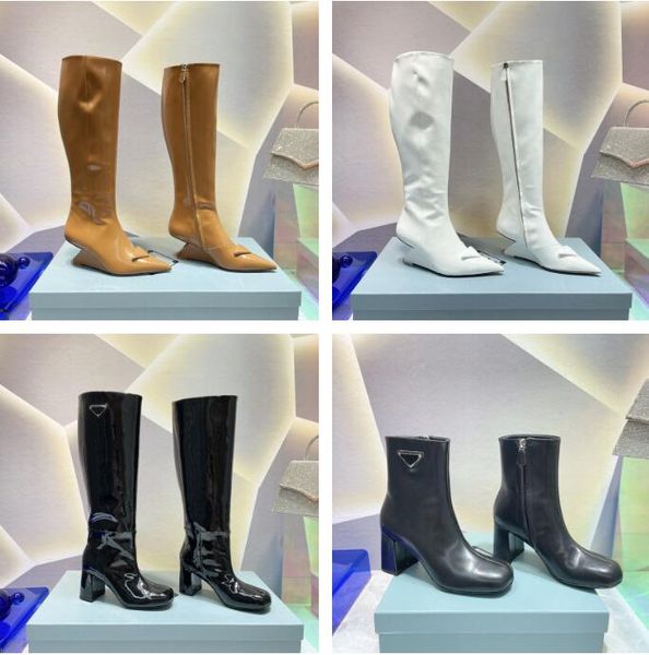 

designer triangle ankle knee boot women leather fashion brushed high-heeled boots black white nylon booties size 35-42