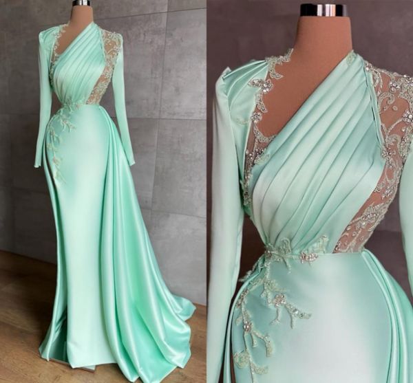 

mint green mermaid prom formal dress 2023 appliques pleats long sleeve pageant evening gowns vestidos gala arabic dubai custom made robes de, Black