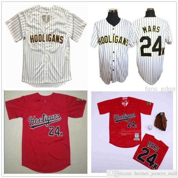 

wholesale mens hooligans 24k bruno mars bianco awards gessato jersey 100% stitched sewn button baseball red white jerseys s-3xl, Black