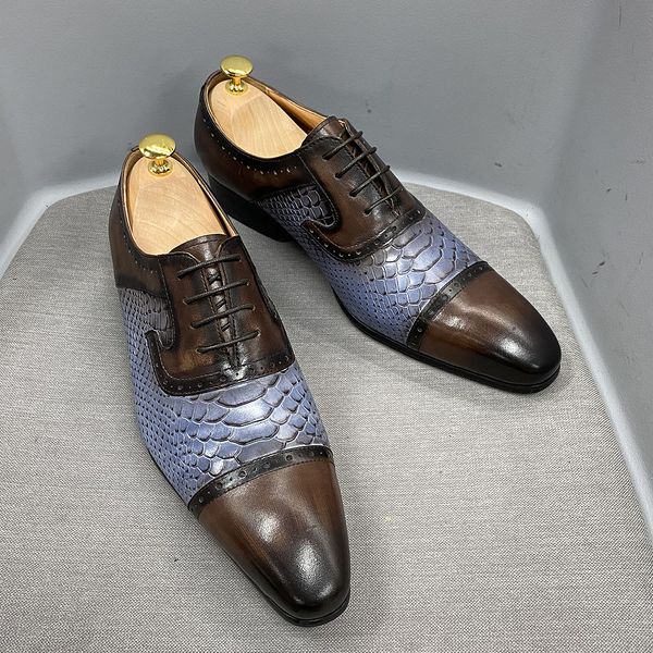 

daniel wafer real cow leather men's dress shoes handmade lace up oxford snake print pointed cap toe party formal shoes for m, Black