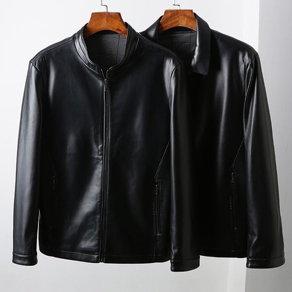 

men's leather high end sheepskin coat motorcycle jacket casual in autumn, Black