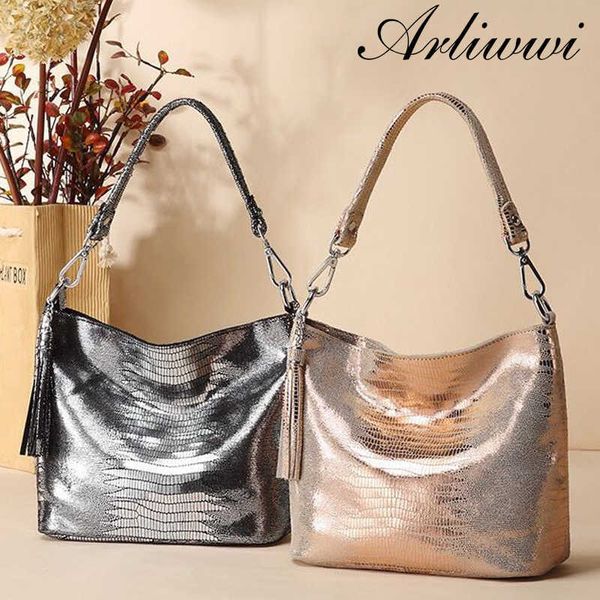 

Shoulder Bags Metalic Shiny Women's Real Leather Shouder Summer Female Bling Emed Messenger Handbags for Ladies 221024, Light gold