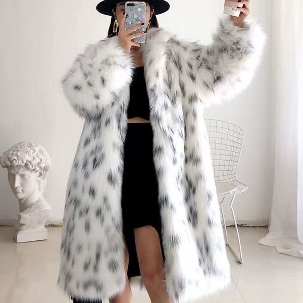 

2022 women winter new faux fox fur coat lady casual snow leopard print fur jacket female thick warm, Black