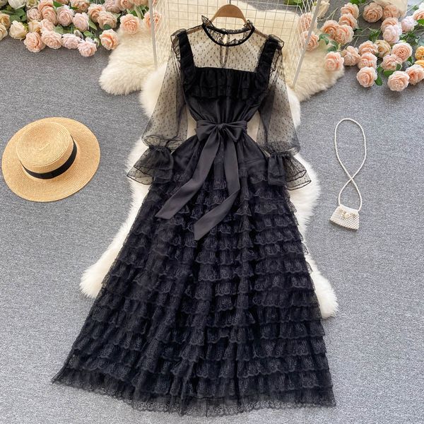 

court style dress sweet fungus lace fairy dress perspective dot mesh long skirts, Black;gray