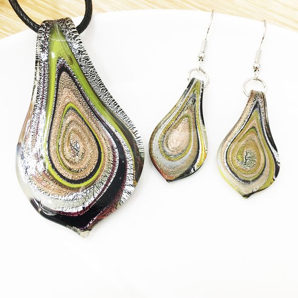 

black leaf colored glaze necklace set for women lampwork glass murano bead earrings pendant wedding jewelry for party loves gift, Silver