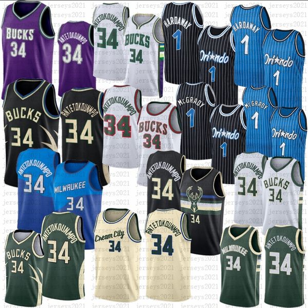 

new milwaukees basketball jerseys buck giannis 34 antetokounmpo penny hardaway tracy mcgrady buck jersey 2022 2023 city green purple edition, Black;red