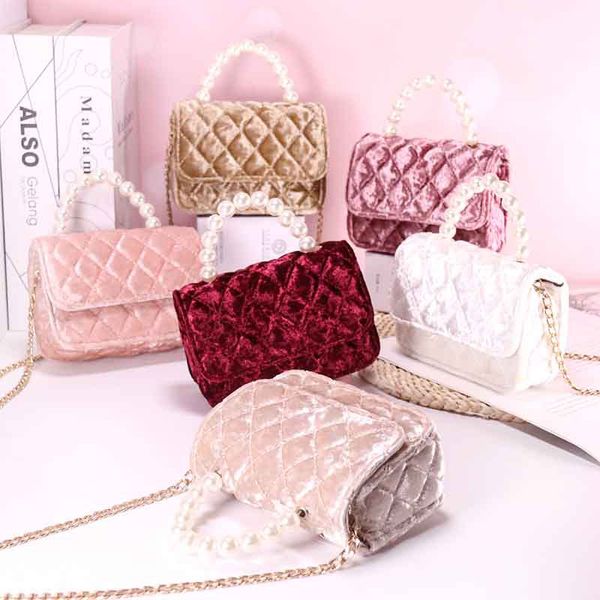 

lady style children pleuche handbags girls diamond lattice princess bags kids pearl metal chain velvet one shoulder bag xmas party purse a91, Black