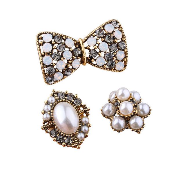 

pins brooches c xiang new 3pcs/set pearl and rhinone brooch for women men vintage bowknot flower badges jewelry gifts l221024, Gray
