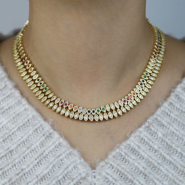 

iced out eye charm tennis chain necklace with gold plated paved white rainbow cz stone statement necklaces for women lady party punk hip hop, Silver