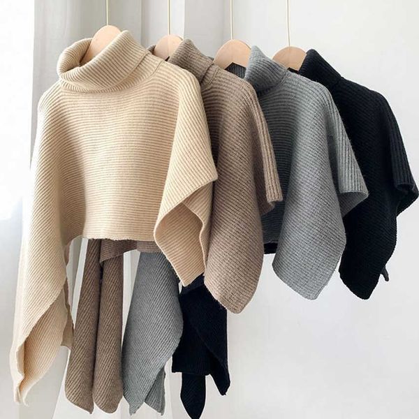 

women's knits tees autumn winter turtleneck sweater knitted capes cloak women irregular pullover poncho sweaters designer korean clothe, White