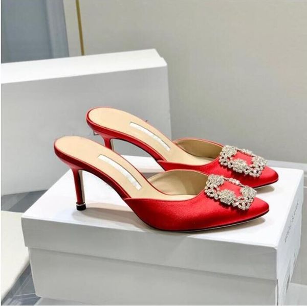 

latest fashion scuffs head slippers rhinestone square buckle shoes women's 7cm thin high heels luxury satin crystal metal decorative ma, Black