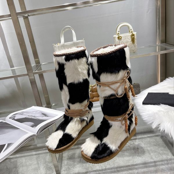 

shoes designer version pure handmade aumu sheepskin warm plaid mid-high ski boots ladies, Black
