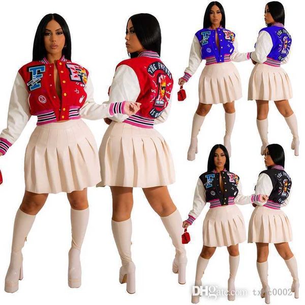 

autumn fashion women baseball uniform jacket girls varsity coat designer letter print patchwork button outdoor wear crop top, Black;brown